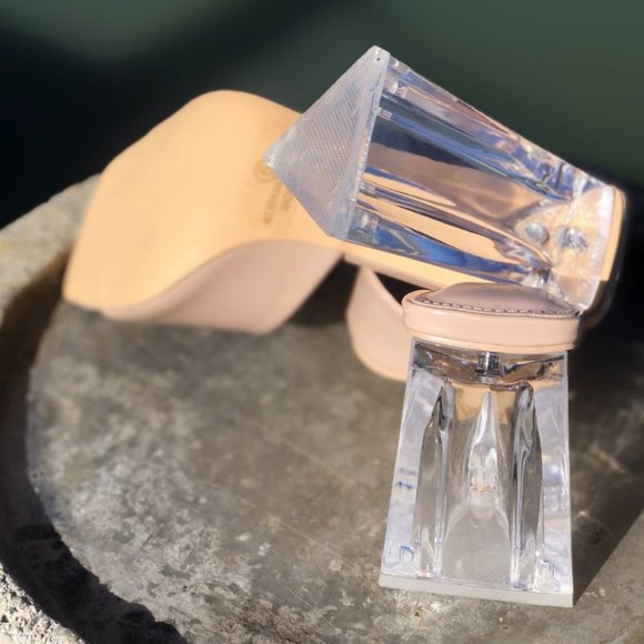 NEW Patent Clear Triangle High Block Heel Square Toe Slip On Sandals Mules Shoes - Picture 7 of 10